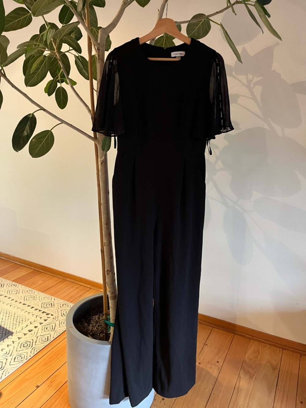 Calvin Klein Black Wide-Leg Jumpsuit with Sheer Sleeve Detail